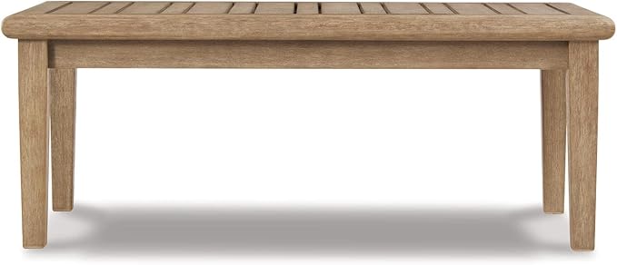 Signature Design by Ashley Gerianne Contemporary Outdoor Rectangular Cocktail Table, Slatted Top Sheds Rainwater, Eucalyptus Wood, 50" W x 26" D x 18.63" H, Beige