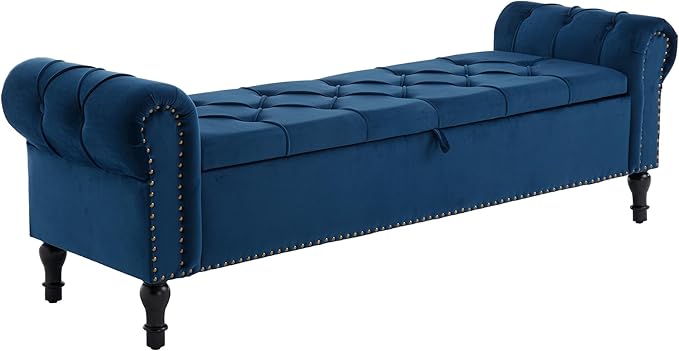 Velvet Storage Bench 67 Inch Upholstered Tufted Ottoman Bench with Arms Large Storage Space King Size End of Bed Bench for Bedroom Living Room Entryway Navy Blue