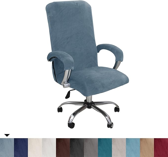 Velvet Plush Office Desk Chair Cover - Cat Proof Stretchable Elastic Comfy Protector for Ergonomic Office Chair with Wheels and Armrests, Fits Mesh and Executive Computer Chairs, Gray Blue, XL