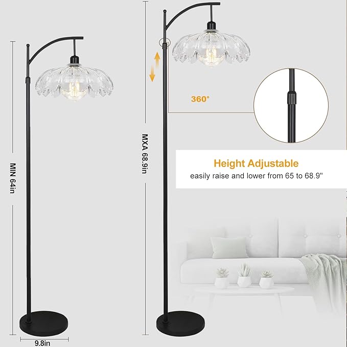 Black Floor Lamp for Living Room Bedroom with Remote,Unique Vintage Standing Tall Lamp,Mid Century Modern Floor Lamps with Dimmable Bulb,Arc Clear Glass Floor Lamps for Office Corner