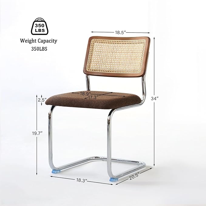 Brown Rattan Dining Chairs Set of 2, Wooden Mid-Century Modern Kitchen Chairs, Mesh Back Cane Dining Room Chairs, Cesca Chair with Metal Chrome Legs