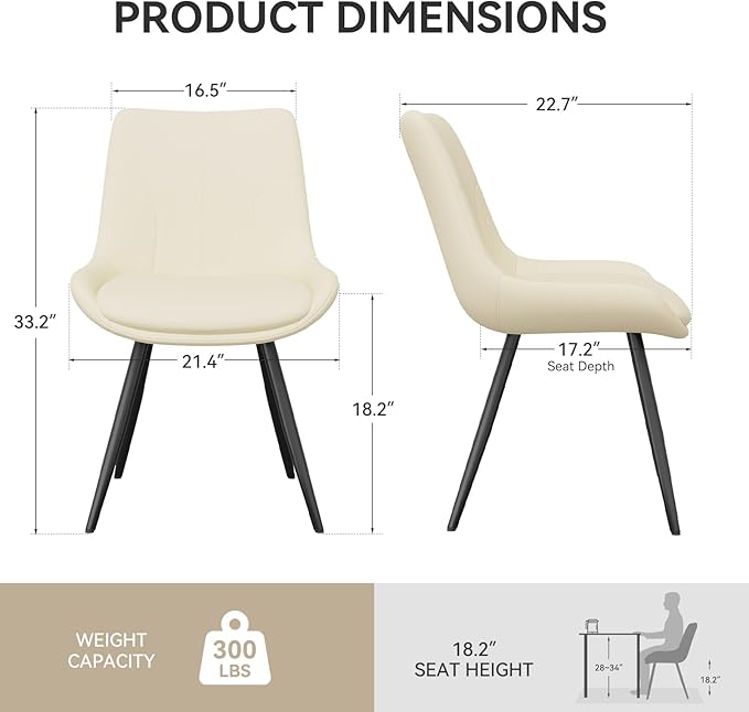 Upholstered Dining Chairs Set of 2, Modern Faux Leather Dining Room Chairs with Thick Cushion and Metal Legs, Kitchen Chairs with Back for Dining Room, Cream