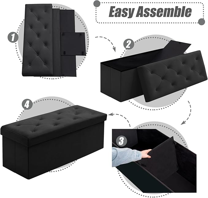BRIAN & DANY 43 Inches Ottoman with Storage, Velvet Storage Ottoman Bench, Folding Ottomans for Bedroom, Living Room and Entryway (Black)