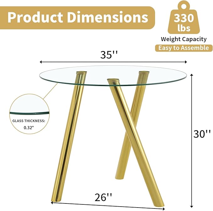 35" Round Dining Table for 4, Modern Round Glass Dining Table with Gold Metal Legs, Round Kitchen Table for Dining Room Home Office Small Spaces