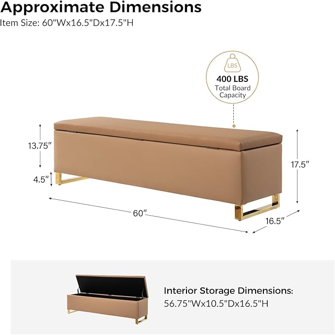EcoHarbor Living Storage Ottoman Bench with Throw Ottomans, Modern End of Bed Bench, Upholstered Footrest Stool with Gold Legs for Living, Bedroom, Entryway and Hallway(Camel 60inch)