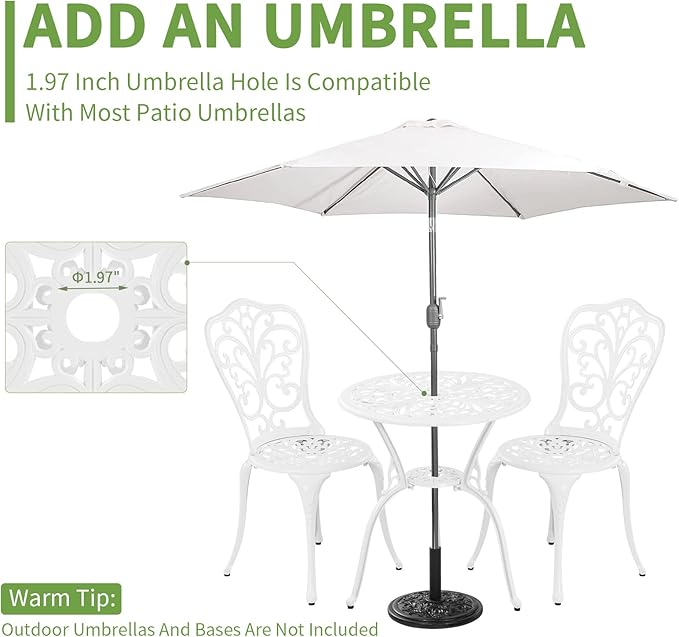 Patio Bistro Sets, Cast Aluminum Bistro Table and Chairs Set of 2 with Umbrella Hole, Bistro Set 3 Piece Outdoor, Metal Patio Furniture Set for Garden Porch, White