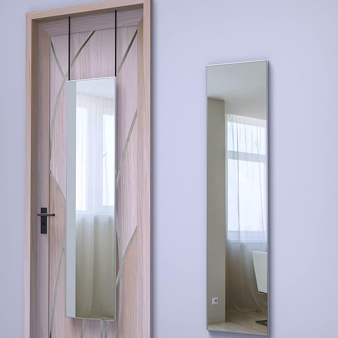 ANYHI Over The Door Mirror, 47"x12" Silver Full Length Mirror with 2 Hooks, Aluminum Brushed Frame, for Bedroom Bathroom