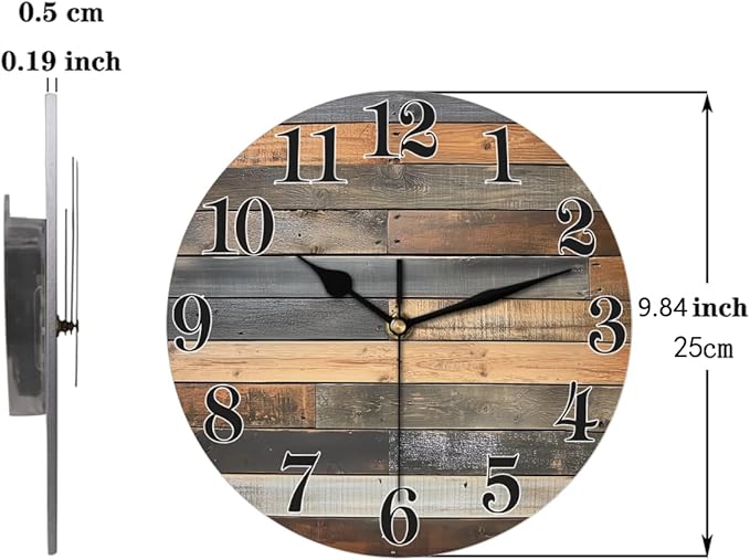 Vintage Coastal Wooden Print Wall Clock Battery Operated 10 in Round Wall Clocks Slilent Non Ticking Quartz Analog Clock for Bedroom Kids Living Room Classroom Decor