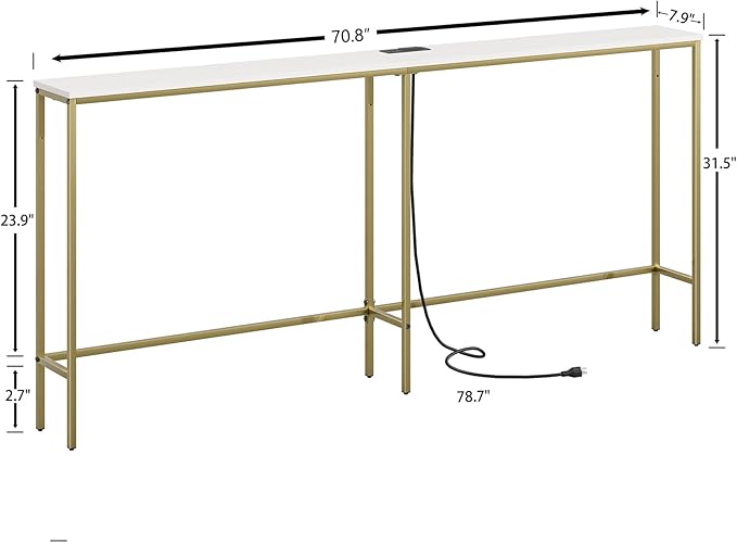 70.9 Inch Console Table with Power Outlet，Modern Narrow Long Sofa Table Behind Couch,Skinny Entry Table with Gold Metal Frame for Entryway,Living Room, Hallway,Classic White