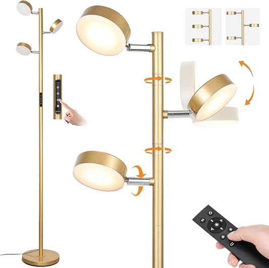 Gold Floor Lamp for Living Room with Remote Modern Tall Standing Lamp Dimmable LED Brass Tree Floor Lamps with 3 Adjustable Heads Touch Control 4 Color Temperatures for Bedroom Office Reading
