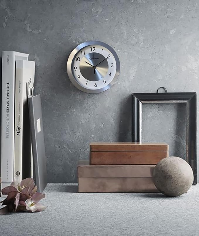 Non Ticking Silent Wall Clock Decorative,Analog Metal Wall Clock Battery Operated,Living Room/Office/Kitchen Clock,10 inch