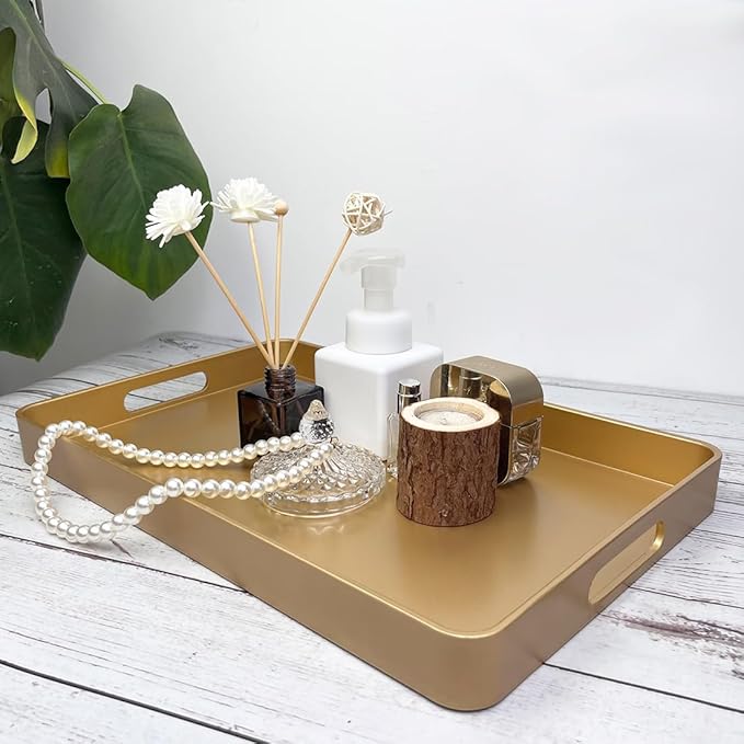 Gold Decorative Tray, Serving Tray with Handles, Plastic Rectangular Tray for Ottoman Coffee Table, Bathroom, Living Room. 15.7"*10.2"