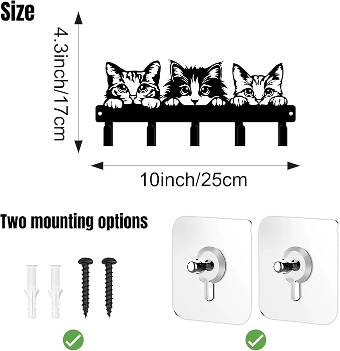 magilab Cat-Themed 10-Inch Iron Key Hooks with 5 Hooks, Black Wall Organizer - Cute Cat Design for Home Decor, No Drill & Screw-in Options (Style A)