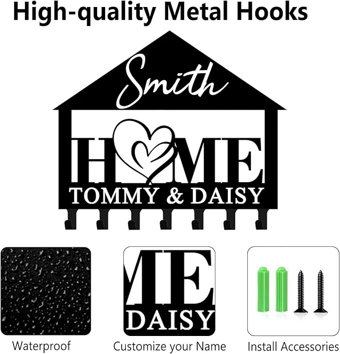 Personalized Metal Key Holder Wall Mount with Family Name Custom Key Hooks Wall Mounted Key Hooks Monogram Name Decor for Kitchen Entryway Hallway Office Doorway