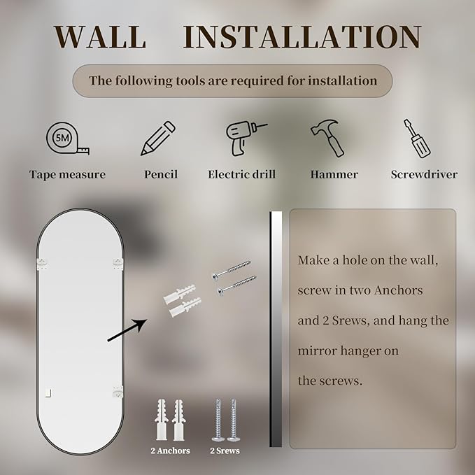 Oval Full Length Mirror, 60"×19" Wall-Mounted Mirror with Metal Frame, Ultra-Clear Explosion-Proof, Simple and Classic Deco for Cloakroom/Bedroom/Living Room, Black