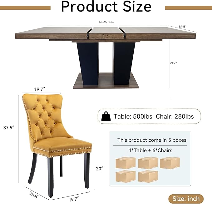 Goujxcy 7-Piece Extendable Dining Table Set for 6-8 People 63-78 Inch Kitchen Table Set with 6 Velvet Upholstered Chairs Farmhouse Rectangular Dining Room Table Set for Kitchen Dining Room Apartment