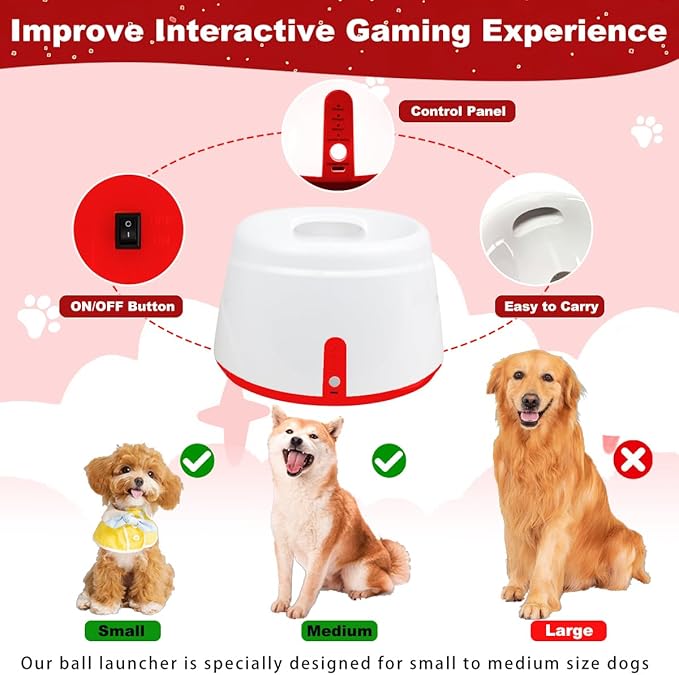 Automatic Ball Launcher for Dogs, Dog Ball Thrower with 19-32-45Ft Distance, Rechargeable Automatic Launcher with 6 Balls (2.2"), Dog Ball Launcher for Small & Medium Red