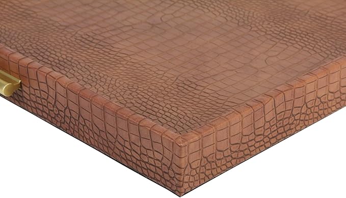 HofferRuffer Elegant Decorative Serving Tray, 20"x20" Square Faux Leather Ottoman Tray with Gold Hardware Handles, Coffee Table Serve Tea Coffee or Breakfast (Antique Brown)