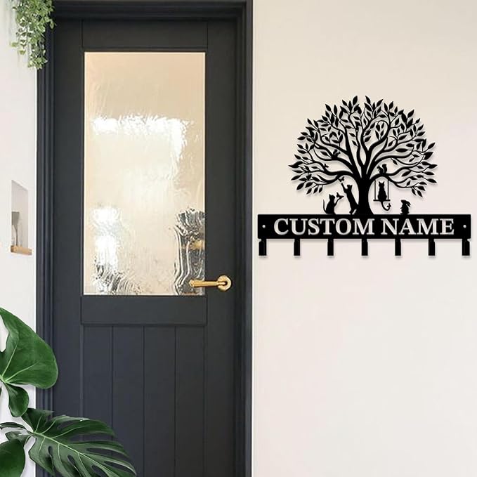 Life Tree Key Hook - Customized Metal Wall Organizer with Name Engraving, Black Iron Home Decor for Themed Collectors (Style A)