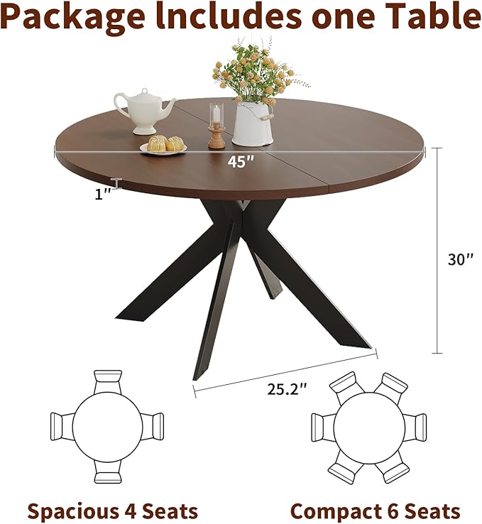 Walnut Round Dining Table Set for 4, Mid-Century Modern Kitchen Table and Chairs, Small Space Dining Room Furniture for Apartment, Breakfast Nook or Studio (Walnut wood-1 Table + 4 Brown Chairs)