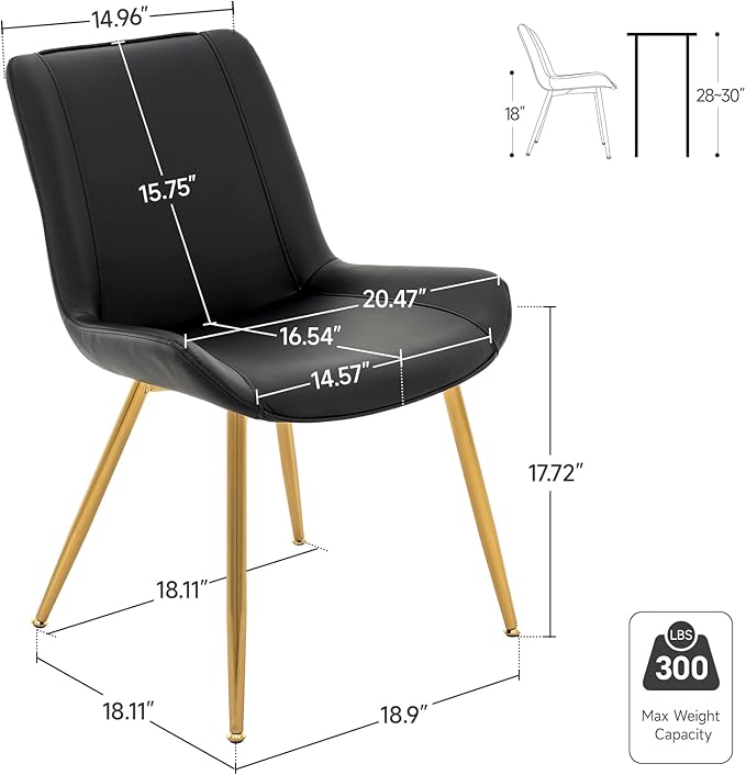 Brage Living Dining Chairs Set of 2, PU Leather Modern Armless Kitchen Dining Room Chairs, Upholstered Accent Side Chairs with Metal Legs (Black, Gold Legs)