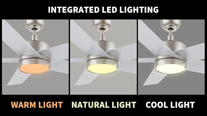 CEME 52" Ceiling Fan with Light Low Profile, DC 5 Speeds Silent Ceiling Fan with Remote, 3 Light Colors Dimmable LED, for Bedroom Room, Silver