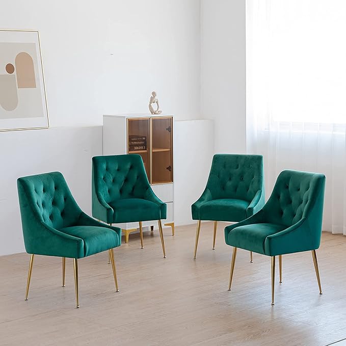 Modern Dining Chairs Set of 6, Mid Century Velvet Upholstered Chairs with 5.12' Cushions, Golden Legs and Back Pull Rod, for Kitchen, Living Room (Green)