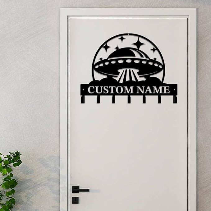 Personalized Custom Alien UFO Metal Wall Keys Hooks,Clothes Hooks Alien UFO Art Coat Racks,Door Holder,Black Alien UFO Decorations for Home,Entrance Doors,Hallway, Bedroom,Keys,Hats (Style F)