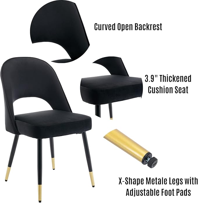 LukeAlon Mid Century Modern Dining Chairs Set of 2, Velvet Upholstered Open Back Kitchen Chairs with Gold Metal Legs, Armless Side Chairs for Dining Room, Living Room, Luxurious Black