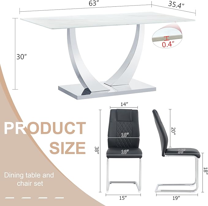 AZmac 63" Modern Dining Table Set for 6, White Dining Room Set for 6, Tempered Glass Kitchen Table and PU Leather Chairs, Marble Pattern Top with Sturdy Silver Chrome Base