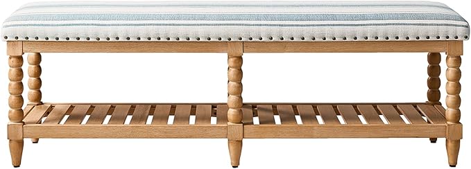 HULALA HOME Entryway Bench with Soild Wood Shelf, 58" Upholstered Shoe Storage Bench with Spindle Legs, Nailhead Trim Detail for Bedroom, Living Room, Hallway, Strip