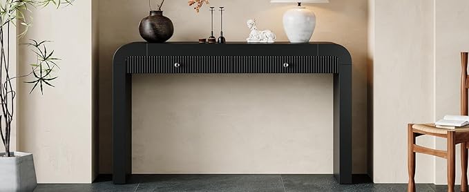 54.3" Curved Console Table with Fluted Drawer, Rustic Entryway Table and Thick Legs, Sturdy Sofa Table for Hallway & Living Room Wood (Black)