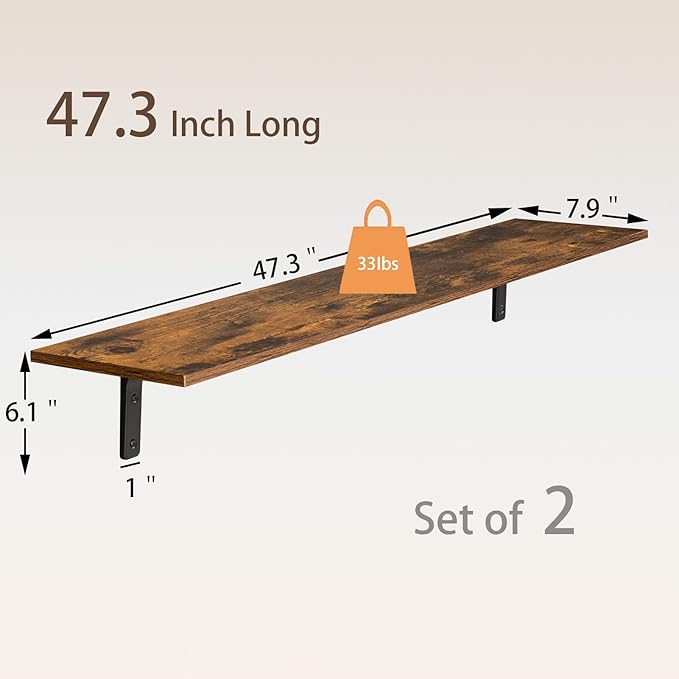 DINZI LVJ Long Wall Shelves, 47.3Inch Wall Mounted Shelves Set of 2, Extra Large Floating Storage Ledges with Sturdy Metal Brackets for Living Room, Bathroom, Bedroom, Kitchen, Rustic Brown