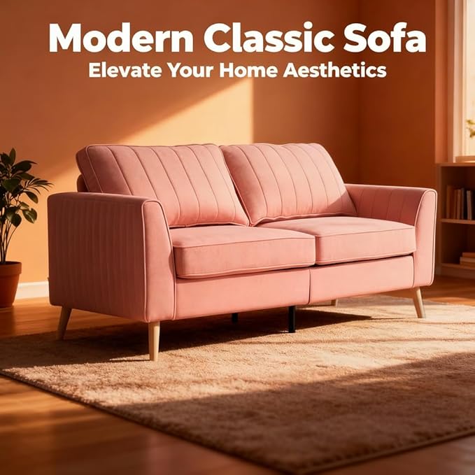 Artechworks Handmade Sofa Couch,3-Seater 76" Wide W/Warm Style Linen, Modern Chic Classic Mid-Century Fusion Stylish French Piping Design Sofa Couch for Living Room Apartment Lounge,Reception,Pink