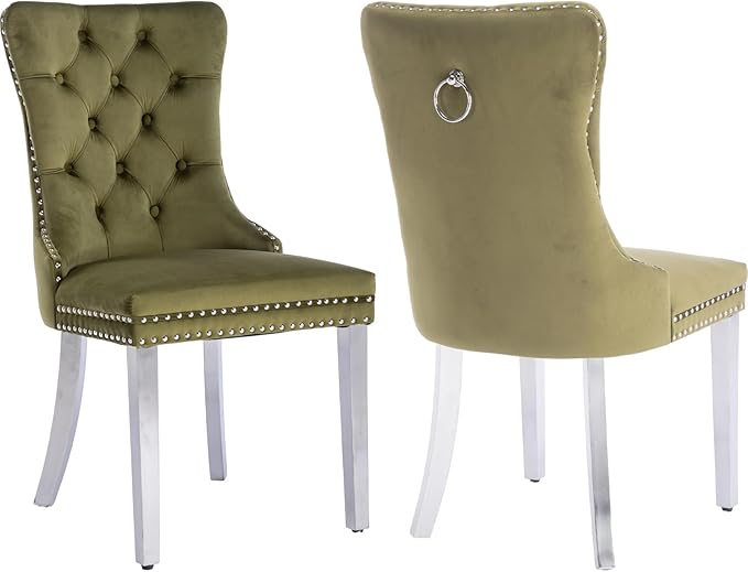 Luxury Upholstered Dining Chairs Set of 2, Olive Green Kitchen Chair with Silver Metal Legs, Velvet Tufted Back Dining Chair, Sillas de Comedor, Modern Kitchen & Dining Room Chairs (Olive, 2 Pcs)