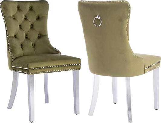 Luxury Upholstered Dining Chairs Set of 2, Olive Green Kitchen Chair with Silver Metal Legs, Velvet Tufted Back Dining Chair, Sillas de Comedor, Modern Kitchen & Dining Room Chairs (Olive, 2 Pcs)