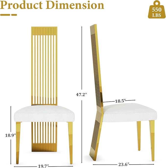 Gold Dining Chairs Set of 4, White Boucle Dining Chairs with Mirror Gold Stainless Steel Backrest and Legs, Modern Elegant Upholstered Dining Room Chairs for Dining Room Kitchen Restaurant