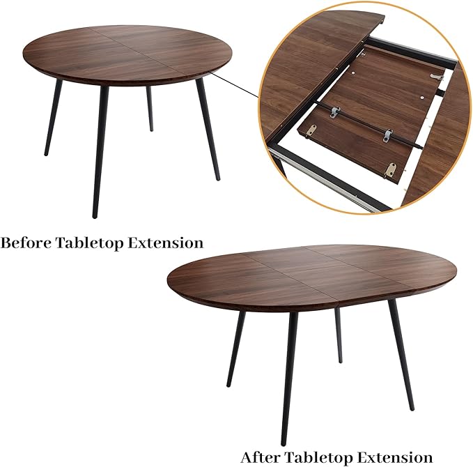 43.3"-59.1" Extendable Round Dining Table Set for 6, Mid Century Modern Wooden Round Table, Leisure Coffee Table,w/ 6 PU Leather Chairs