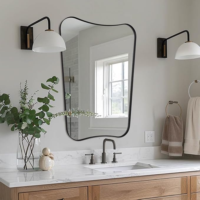 ANDY STAR 24x36 Inch Bathroom Mirror, Matte Black Irregular Wall Mirror, Bathroom Vanity Mirror with Stainless Steel Metal Frame, Unique Butterfly Inspired Shape Ideal for Home Decor