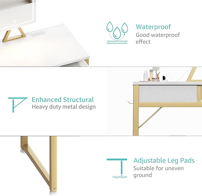 Lufeiya Small Makeup Vanity Desk with Mirror and Light, 32 inch White Vanity Desks Sets with Fabric Drawers for Girls Teen, Dressing Table and Chair Set with Power Outlet for Bedroom, White Gold