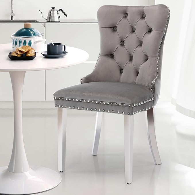 SoarFlash Kitchen Table and Chairs for 2, 31.5" Dining Table Set for 2 with Velvet Upholstered Chairs, 3 Piece Round Kitchen Table Set, Dining Room Table Set for Small Space, Apartment, Grey/White