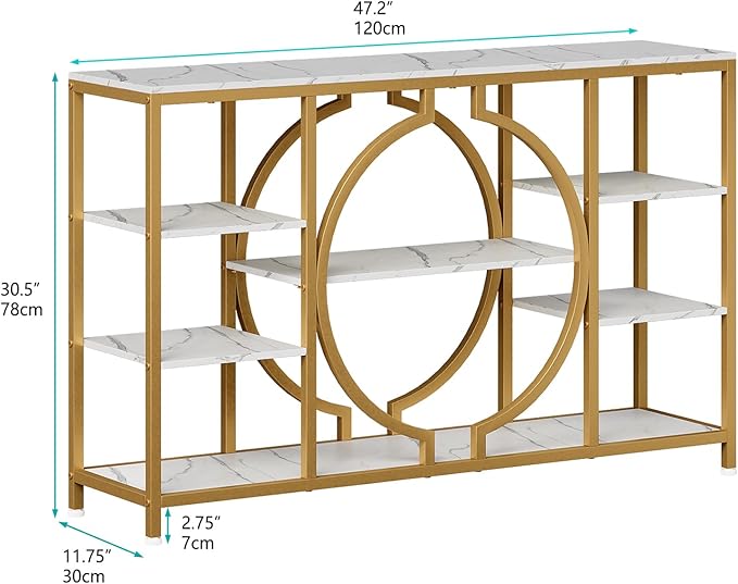 GiftGo 47" Industrial Console Tables for Entryway Rustic Sofa Table Behind Couch 4 Tier Wooden Shelves Entry Table with Storage for Foyer, Hallway, Front Door,Living Room (White Gold, 47")