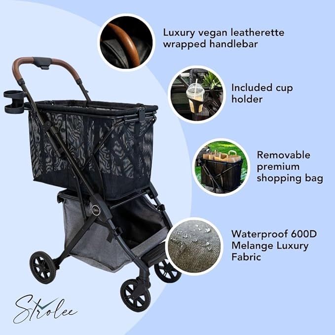 Strolee Personal Luxury Folding Shopping Cart On Premium Wheels – Ultra Lightweight Aluminum Frame – Removable Shopping Bag with Carry Strap & Lower Grocery Storage 75Lbs Capacity (Sage v2)