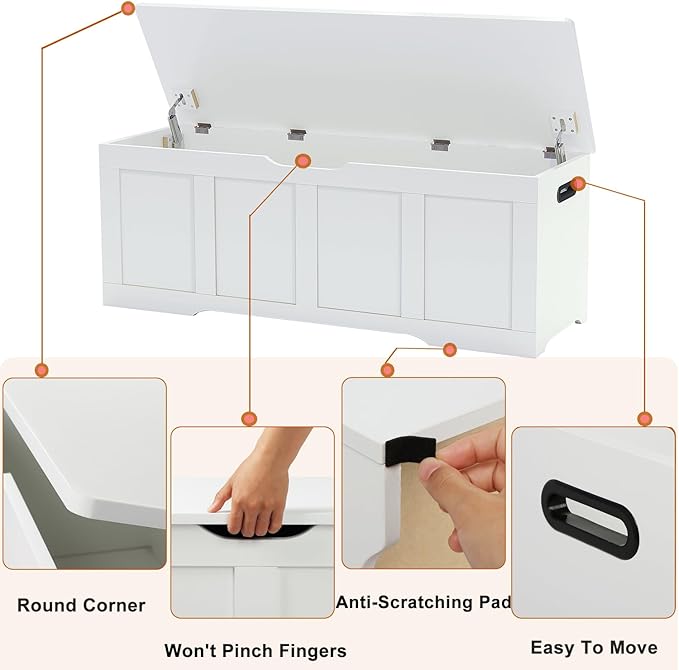 47.2" Storage Chest, Extra Large Storage Trunk with 2 Safety Hinges, Wooden Storage Bench, Shoe Bench, Entryway Bench for Living Room, Bedroom, White