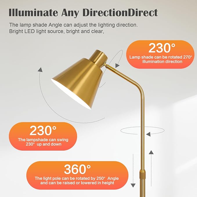 Gold Brass Industrial Floor Lamps with Bright 12W LED Bulb Adjustable 3 Colors, Living Room Sofa Corner Bedroom Bedside Office Study Reading Standing Tall Lights, Unique Modern Home Decor Essentials