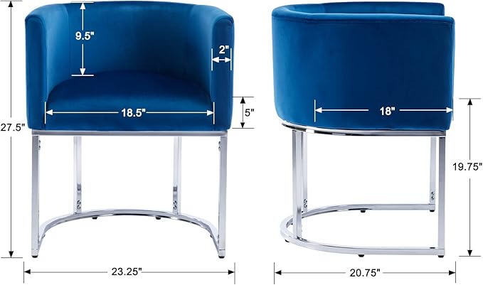 Velvet Dining Chairs Set of 3 Modern Barrel Arm Chairs with Chrome Metal Frame, Upholstered Kitchen Chairs 18.5" Wide Accent Chairs for Living Room Dining Room Restaurant, Blue