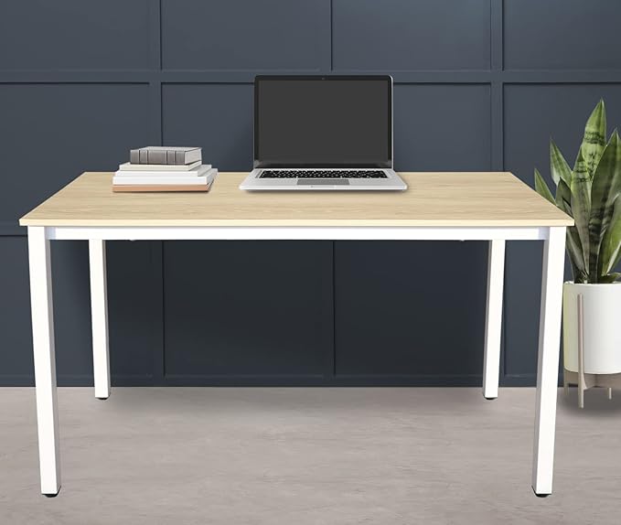 47 inch Large Computer Desk Wood, Modern Simple Style Desk for Home Office, Bedroom, Study Student Writing Desk, Small Spaces, White Metal Frame, Apple Wood Grain Top