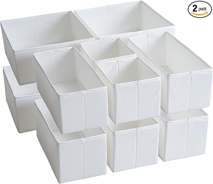 TYEERS Drawer Organizers, Durable Fabric, Washable, with Base Support Boards, Small Storage Boxes for Bathroom, Closet, Dresser, Set of 12, White