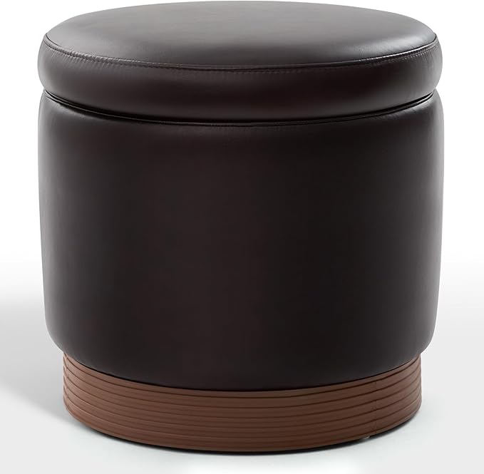 Round Ottoman with Storage,Swivel Vanity Stool-Leather Foot Rest,Upholstered Footstool Pouf with Sturdy Wooden Frame(500 Lb),Small Coffee Table & Hidden Storage Ottoman for Living Room