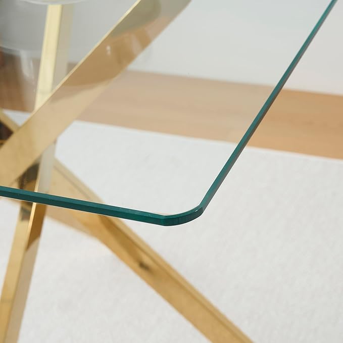 36" Square Glass Dining Table Modern Kitchen Glass Top Table for 4 with Gold Chrome Metal Legs, Clear Dining Table Kitchen Table for Home Office Dining Room